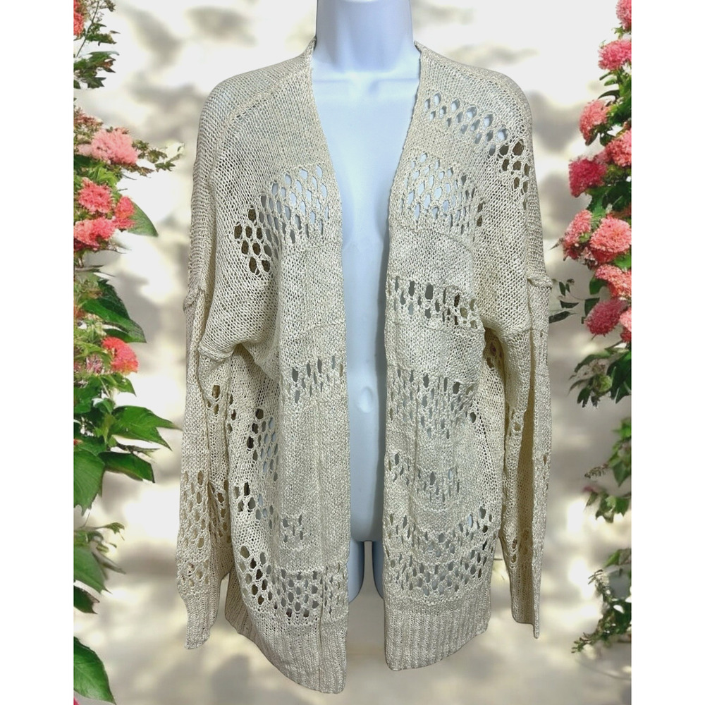 Beige Open Knit Cardigan Sweater Sz Large Long Fit Lightweight Long-Sleeve